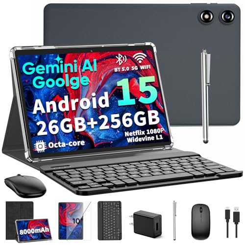 Image of 2026 10 Inch Android 15 Tablet with Keyboard, 26GB+256GB, 2TB Expand, Gemini AI Tablet PC with Octa-Core, 8000mAh, 5G WiFi, GPS, GMS, Widevine L1, 2 in 1 Tablets with Case, Mouse, Stylus (Black Case)