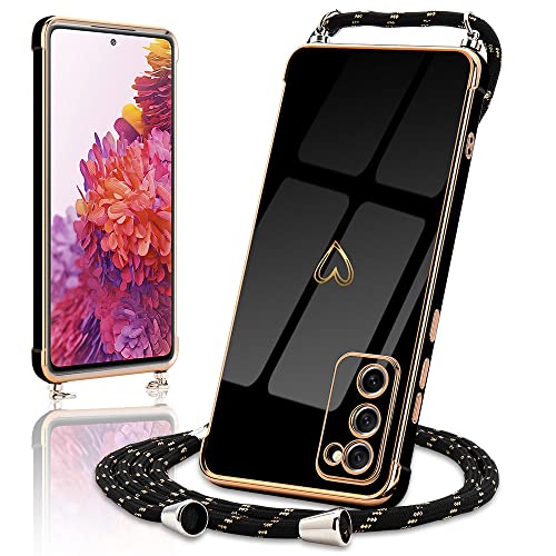 三星 Galaxy S20 FE 5G/4G 硅胶手机壳带可爱爱心图案项链手机壳带颈挂绳绳挂绳三星 Galaxy S20 FE 5G/4G（黑色）