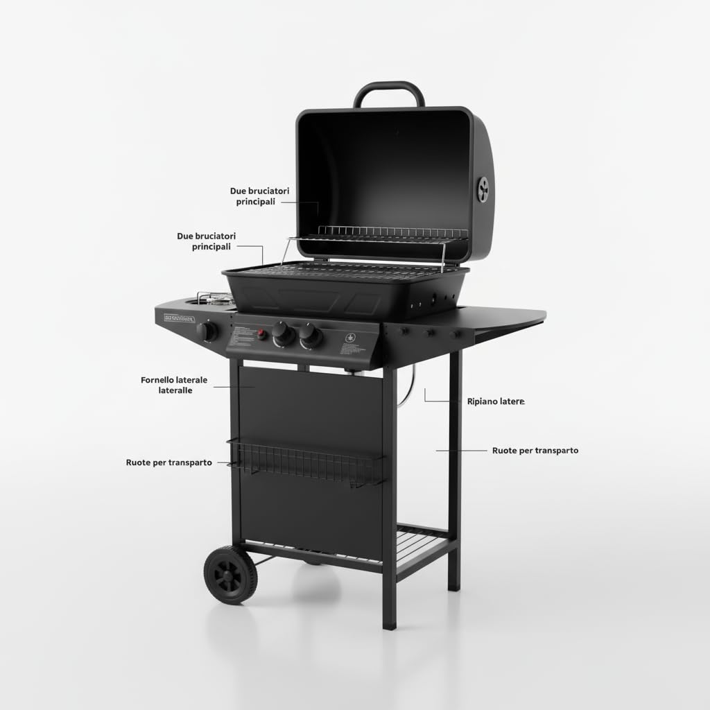 Barbecue a Gas 2 Bruciatori con Fornello Laterale – Griglia Rimovibile, Ripiani Laterali, Carrello con Ruote – BBQ da Giardino per Esterno, Compatto e Facile da Trasportare