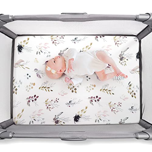 Grssder Stretchy Ultra Soft Jersey Knit Fitted Pack N Play Sheets Set 2 Pack,Fits Portable Playard/Mini Cribs Mattress Snug And Safe,Watercolor Purple Flora For Baby #TOP4