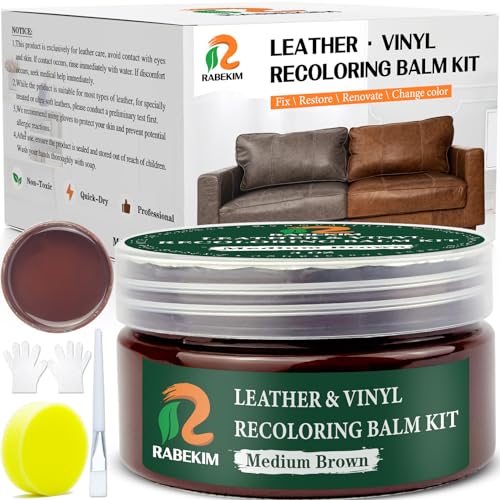 RABEKIM Medium Brown Leather Repair Kit, Leather Recoloring Balm, Leather Scratch Remover - Restore & Renew Scratch, Faded and Aged Leather & Vinyl Couches, Boots, Car Seats or Leather Furniture