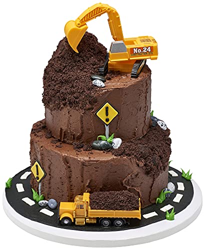 DecoPac Construction Dig Cake Decoration, 2 Piece Cake Topper Set with Dump Truck and Moveable Excavator, Food Safe, Ready to Use For Birthday, Themed Parties, Celebration, Yellow, (11826)