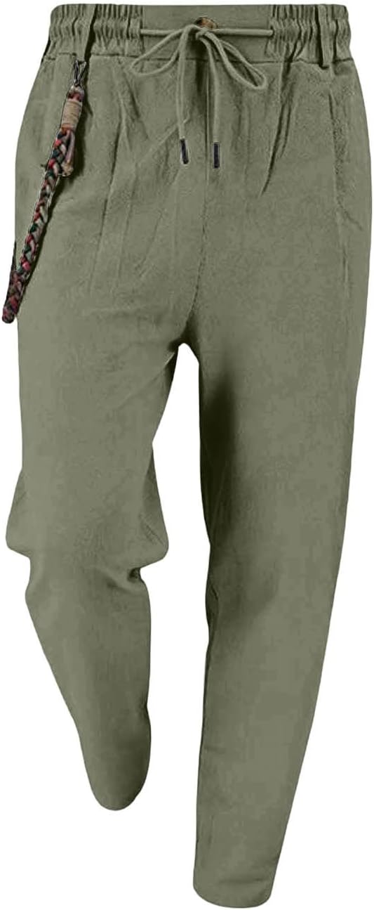 Men’s Linen Pants Casual Beach Pants Elastic Waist Drawstring Pant Straight Leg Loose Fit Trousers with Pockets
