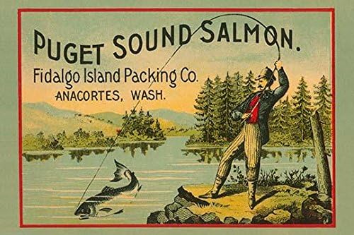 Un diseño de una época victoriana puede etiquetar salmón de la empresa empacadora de Isla Fidalgo de Anacortes Washington con un hombre pesca con