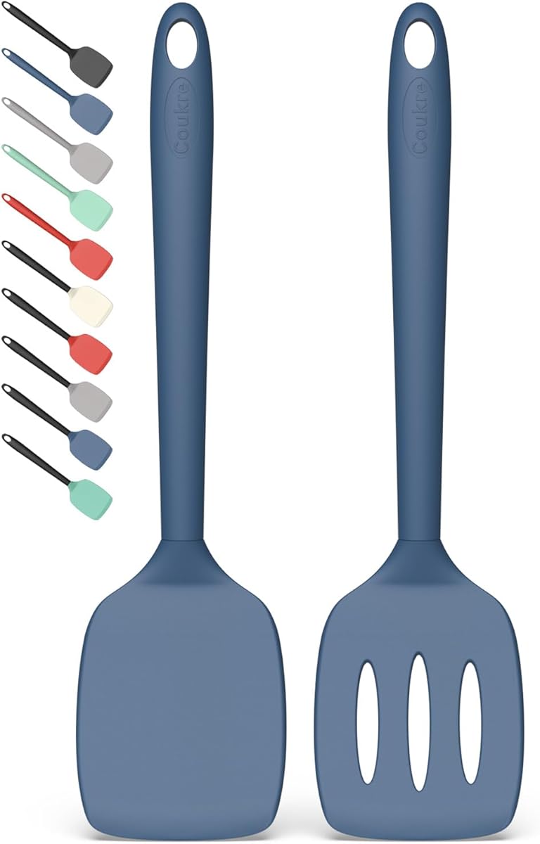 Coukre 2 Pack Silicone Spatula Set, High Heat Resistant, BPA Free Kitchen Spatula, Solid & Slotted Turner for Non-Stick Pans, Sautéing, and Flipping (2, PureDarkBlue)