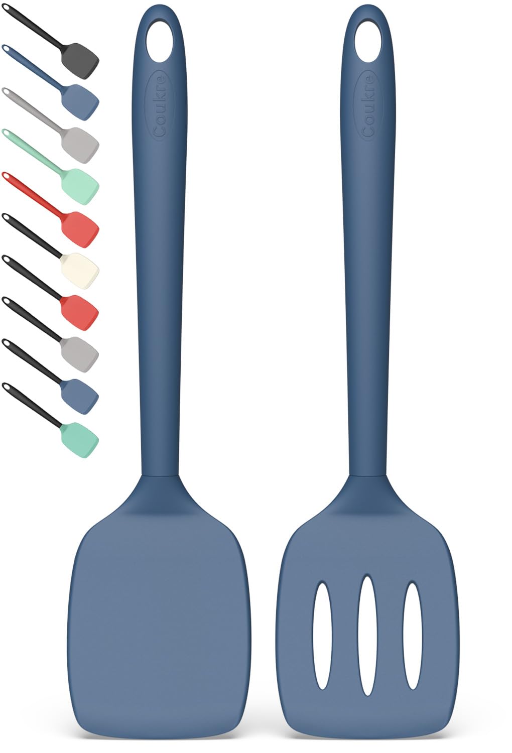 Juego de 2 espátulas de silicona, espátula de cocina resistente al calor, espátula sólida y ranurada para utensilios de cocina antiadherentes y cocina (2, azul oscuro)