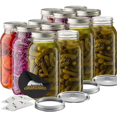 Wide Mouth 64 oz (half gallon) mason Jars with Lids and Bands (12-Pack) bundled With, KangarooBands Jar Opener, and Package Of Jar Labels | Canning, Fermenting, Pickling, DIY Decors Projects Cover
