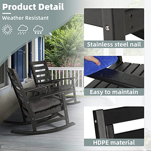 Hopubuy Outdoor Rocking Chair With Cushion, Hdpe Patio Rocking Chair, All Weather Resistant Rocker Chair For Porch Garden Yard Living Room,Black #TOP4