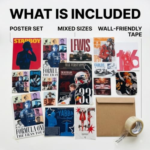 Image of 11 Piece Formula 1 Racing Poster Set | 300 GSM Multi-Sized Car Posters with Adhesive Tape | F1 Motorsport Wall Art for Bedroom, Room Decor, Home Decor, Living Room & Car Posters | Aesthetic Wall Decor