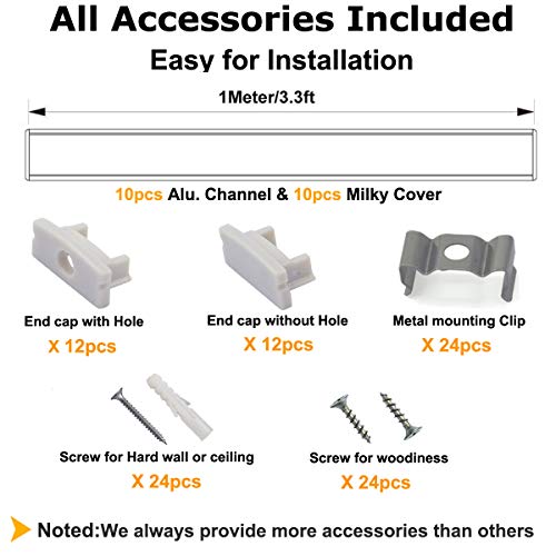 Hunhun 10-Pack 3.3Ft/1Meter U Shape Led Aluminum Channel System With Milky Cover, End Caps And Mounting Clips, Aluminum Profile For Led Strip Light Installations, Very Easy Installation #TOP1