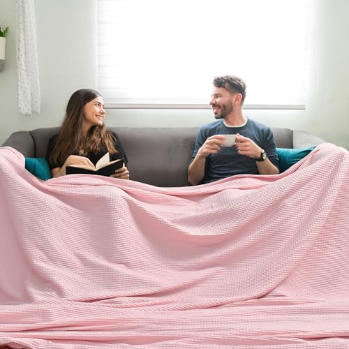 Image of PHF 100% Cotton Waffle Big Family Oversized King Blanket, 120 inch X 120 inch, Pink | Pre-washed Natural Soft Cozy Lightweight Breathable, Textured Decorative Layer for Bed Guest Room, Machine Washable, Giftable