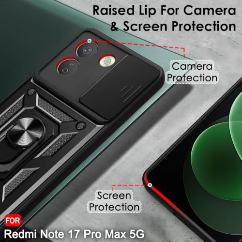Image of TheGiftKart Tough Armor Bumper Back Cover Case for Redmi Note 17 Pro Max 5G | Sliding Camera Cover, Kickstand & Ring Holder | 360 Degree Protection Back Cover Case (PC & TPU, Black)