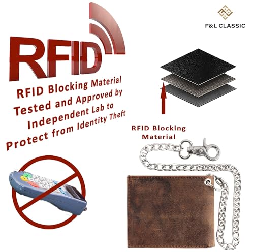 Image of F&L CLASSIC RFID Blocking Mens bi-fold Style Cowhide Leather Steel Chain Wallet, buffalo vintage leather,texas buff white stitching