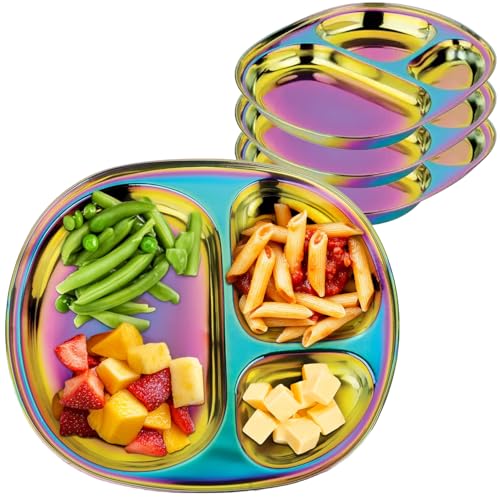 Image of Ahimsa Stainless Steel Plates for Kids - Divided Plates for Toddlers, Pediatrician Designed, Non Toxic Toddler Plate, BPA Free & Dishwasher Safe (Rainbow Set of 4)