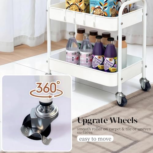 Image of Under Desk Storage Cart 2 Tier Utility Rolling Cart with Wheels, Small Metal Mobile Trolley with Handle Two Tiered Utility Organizer Roller for Kitchen Office Bathroom Pantry Room, White