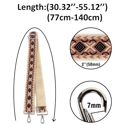 Image of Ivory Brown Boho Diamond Purse Strap with Silver Hardware 2 Inch Wide Replacement Crossbody Guitar Style Shoulder Strap for Handbags Totes
