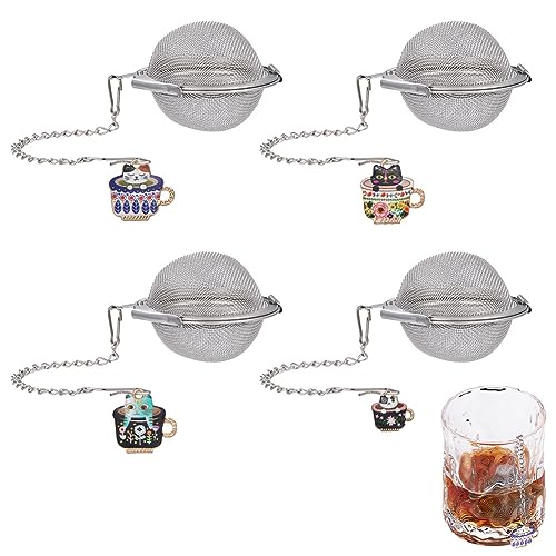 UNICRAFTALE 4 Sets 304 Stainless Steel Loose Leaf Tea Ball Mesh Tea Strainer with Alloy Enamel Pendants Round Tea Strainer Set including Cat Cup Pendant for Brew Tea Spices & Seasoning