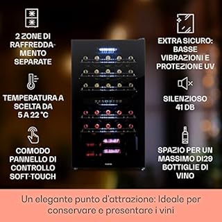 KLARSTEIN Cantinetta Vino Design, Cantinetta Vino Refrigerata a Zona Doppia per Vino Rosso, Bianco e Birra, Controlli Touch, Frigo Vino Cantinetta per Esterno/Interno, 5-22°C, 80L, 29 Bottiglie