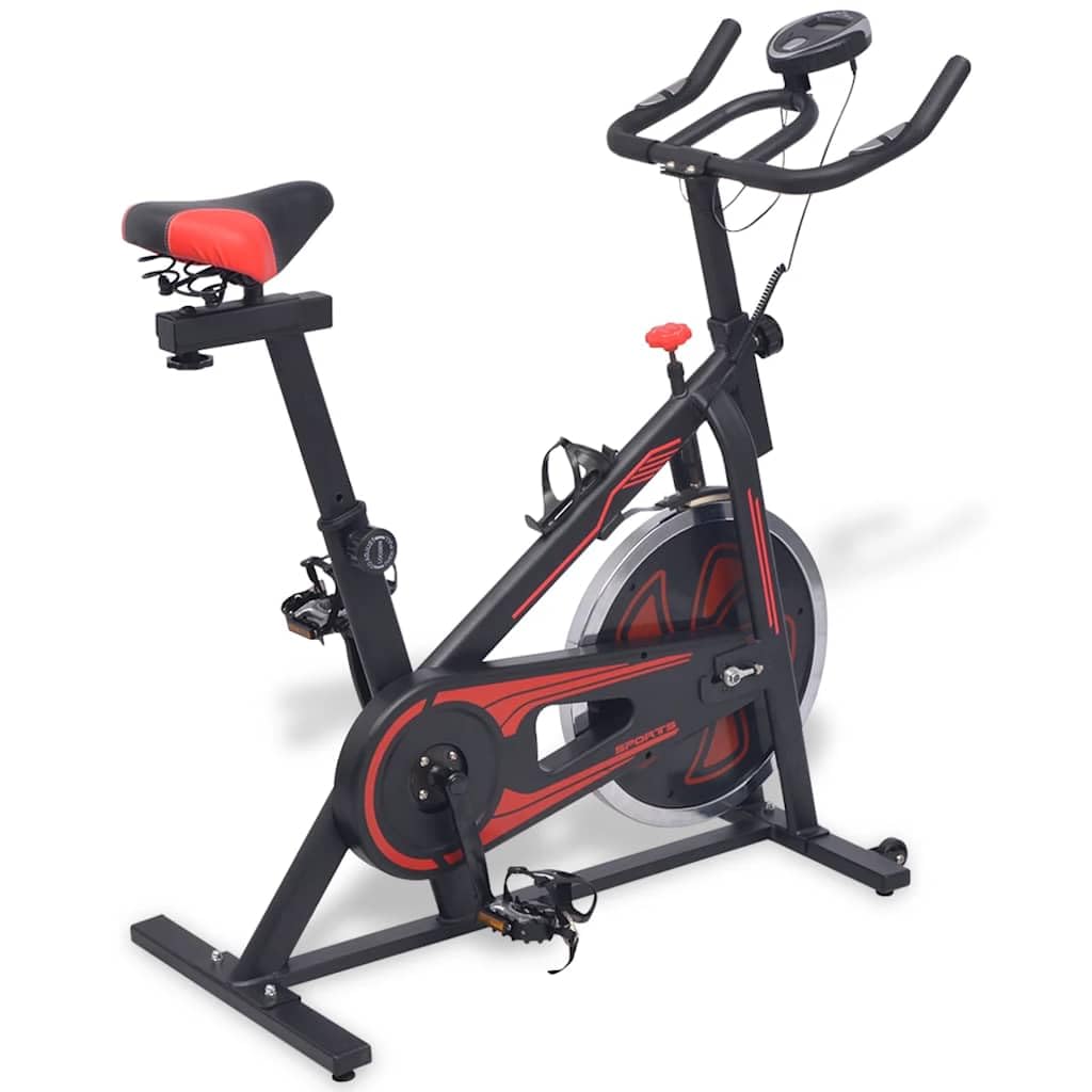 Rower treningowy z pulsometrem, czarno-czerwony, koło zamachowe 15 kg, regulowane siodełko, napęd na pasek gumowy, uchwyt na butelkę do bezpiecznego treningu wytrzymałościowego w domu