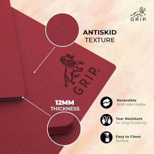 Image of GRIP Yoga Mat | Exercise Mat | 36 x 75 Inches | 12mm Thick | 7 Chakras Design Yoga Mat with Yoga Strap for Men & Women | Extra Thick, Long & Wide Non-Slip, Anti-Tear Exercise Mat for Home, Gym, Workout, Fitness, Yoga & Pilates Cherry Color
