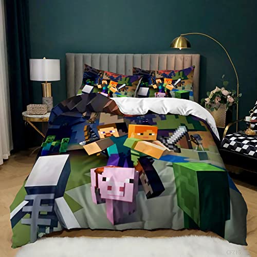 LISaINmAy Juego De Ropa De Cama Minecraft, Funda Nórdica para Niños, Niños, Niñas, Funda Nórdica, Azul Marino, 3 Piezas, Colcha Adolescente ((180x220 cm)-Cama de 105/135,MC 04)