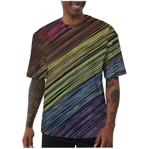 Camisetas de manga corta para hombre, de verano, casual, para hombre, elástica, cuello redondo, estampada, para ocio, vacaciones, versátil, capa base de moda, 09 Multicolor, L