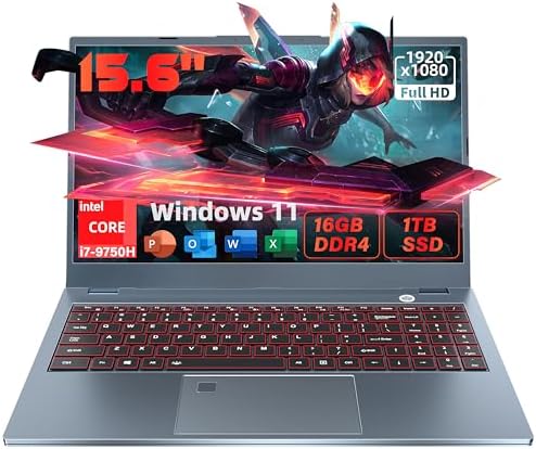 Nmybwo 15.6''Laptop Intel Core i7-9750H (6C/12T) 16GB DDR4 RAM 1TB NVMe SSD Gaming Laptop,Intel UHD Graphics 630 Win11 Pro PC,1920 * 1080 FHD IPS Display,BT4.2,WiFi 5,Type_C,6000Mah Battery(16+1TB)