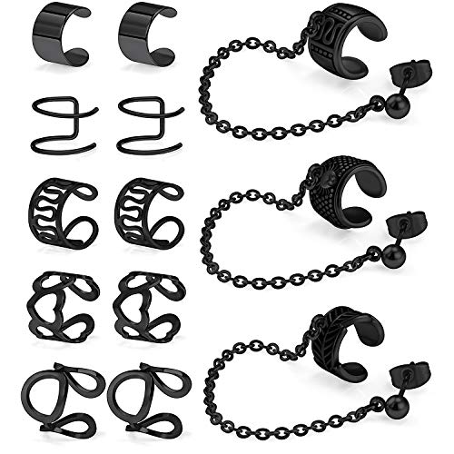 Lcolyoli 13PCS Stainless Steel Ear Cuff Chain Linked Earring Stud Clip on Earrings Non-piercing Fake Cartilage Earring Piercing Jewelry for Women Men Black