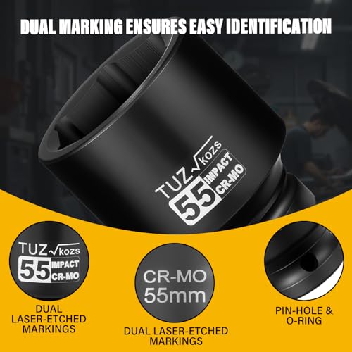 Image of 1 Inch Drive 55mm Deep Metric Impact Socket,CR-MO,6 Point Radius Corner Design,Square Chamfered Opening,Axle Nut Impact Grade Socket for Easy Removal