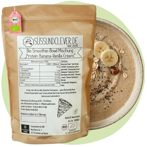süssundclever.de® Bio Smoothie Bowl "Protein Banana-Vanilla-Cream" | 500g | 40g Protein | vegan | Fertigmischung | Lower Carb | ohne Zuckerzusatz oder Aromen | after Workout | Frühstück | Banane