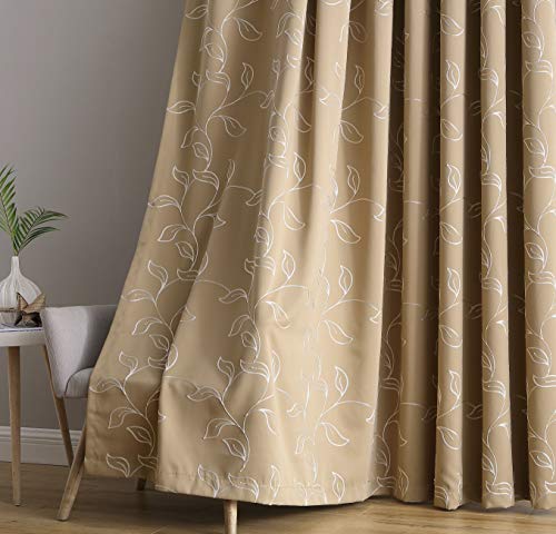 HLC.ME Carol Floral Decorative Embroidered Pattern Thermal Insulated Blackout Room Darkening Energy Savings Soundproof Window Curtain Grommet Panels for Bedroom, Set of 2 (52 W x 96 L Length, Taupe)