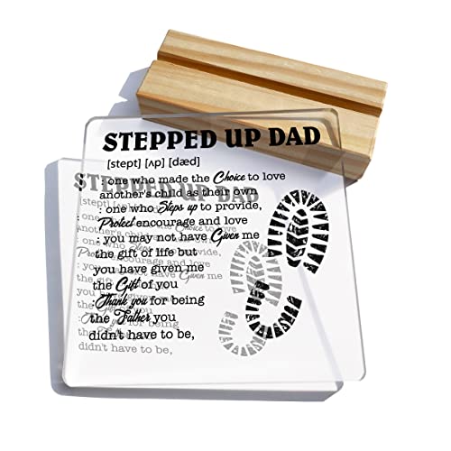 Stepfather Gift For Birthday Father’s Day Stepped Up Dad Definition Clear Desk Decorative Sign Keepsake Present Stepdad Acrylic Plaque With Wooden Stand Sign Desk Decor For Home Office #TOP2