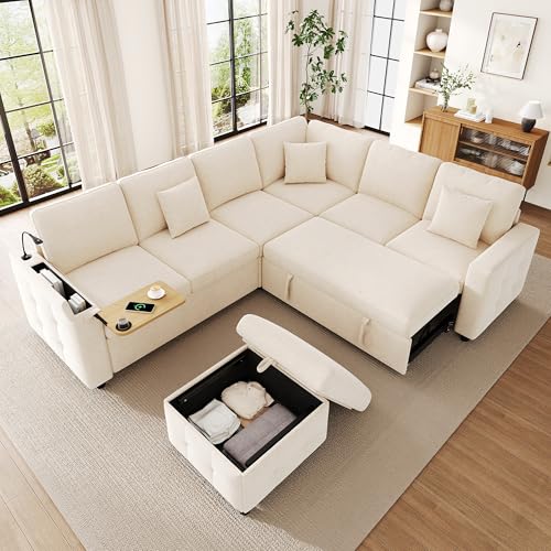 Canapé d'angle convertible en chenille avec liseuse LED,port USB/Type-C,rangement dans l'accoudoir,tablette rabattable,porte-gobelets et 3 coussins,canapé convertible 6 places,canapé lit,beige