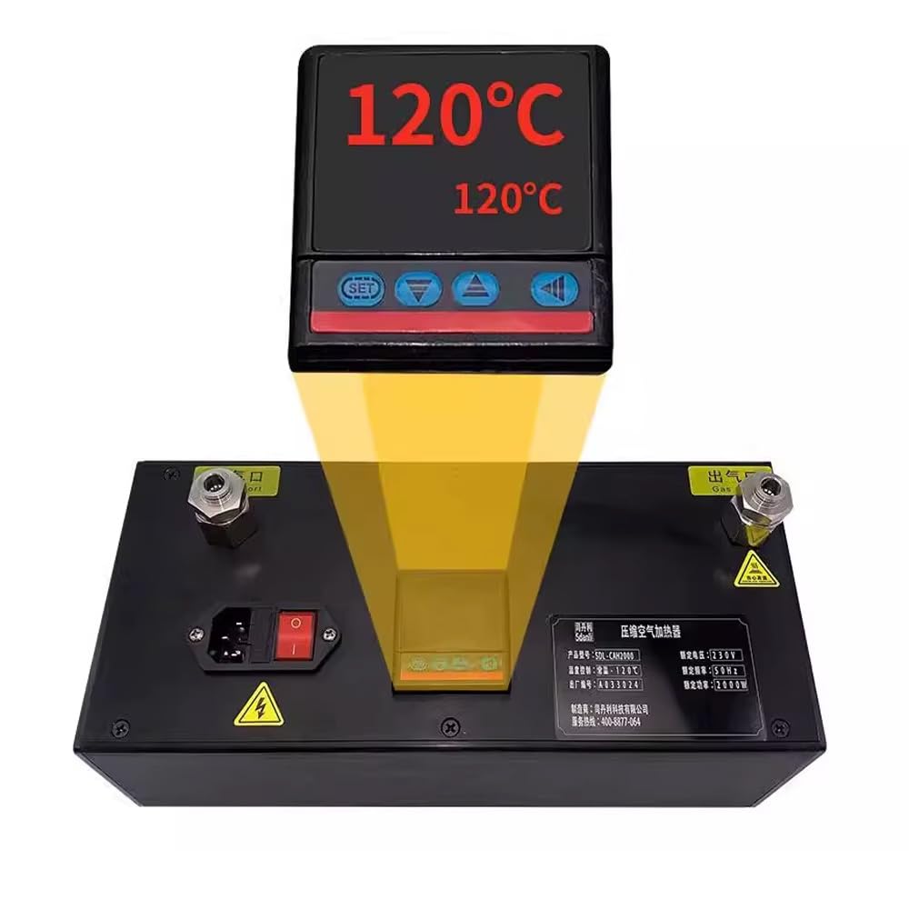 Toplionace Máquina de Calefacción de Aire Comprimido de Grado Industrial AC 220V 2000W, Pantalla Digital Nitrógeno Gas Calentador de Aire Caliente Anti-Congelación （16MM）