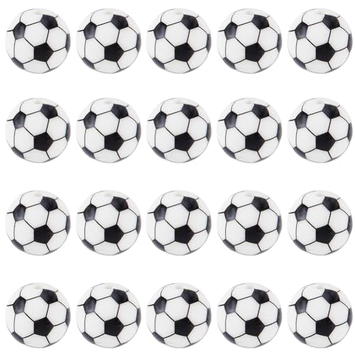 SUNNYCLUE 32Pcs 15mm Soccer Beads Sports Silicone Focal Beads White Black Small Loose Round Ball Beaded Pens Bead for Graduation Party Office Supplies Crafts Keychain Necklace jewellery Making Beginne