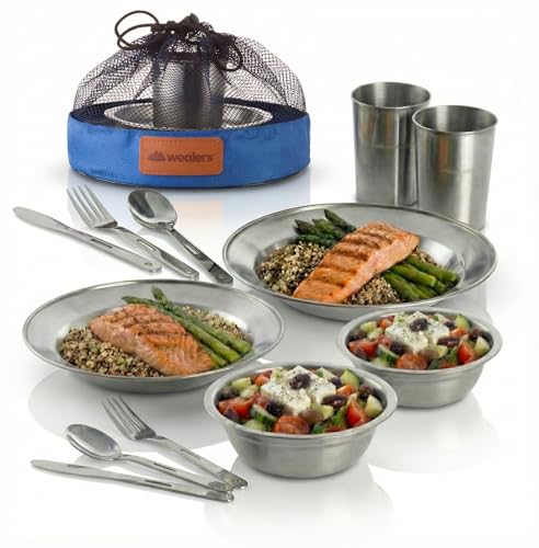 Wealers Unique Complete Messware Kit Polished Stainless Steel Dishes Set| Tableware| Dinnerware| Camping| Buffet| Includes - Cups | Plates| Bowls| Cutlery| Comes in Mesh Bags (2 Person Set)