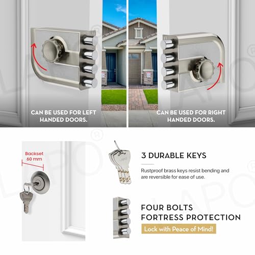 Image of LAPO Mega Bolt Heavy Duty Main Door Lock, Four Bullet Deadbolt Security Lock Set, One Side Key System, Reversible for Left & Right-Hand Wooden Doors, Rust-Resistant, 3 Years Warranty(Matt Finish)
