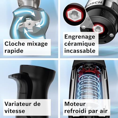 Bosch, mixeur plongeant, ErgoMaster Série 6, moteur 1000 watts refroidi par air, variateur de vitesse extra large, système de mixage QuattroBlade System Pro, accessoires inclus, MSM6M673 – Image 4