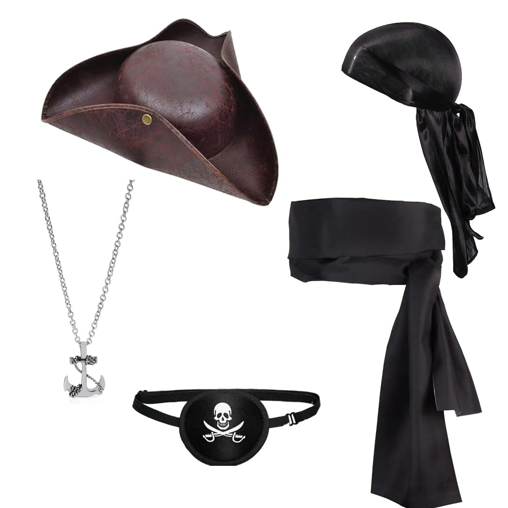 Wfkkmeq Women's Black Pirate Costume Accessories Set, 5Pcs Pirate Cowboy Hat Fancy Dress Accessories Role Play Outfit With Pirates Hat Bandana Eye Patch Waist Belt Necklace Pirat Outfit Headscarf For Pirates Party(Black)