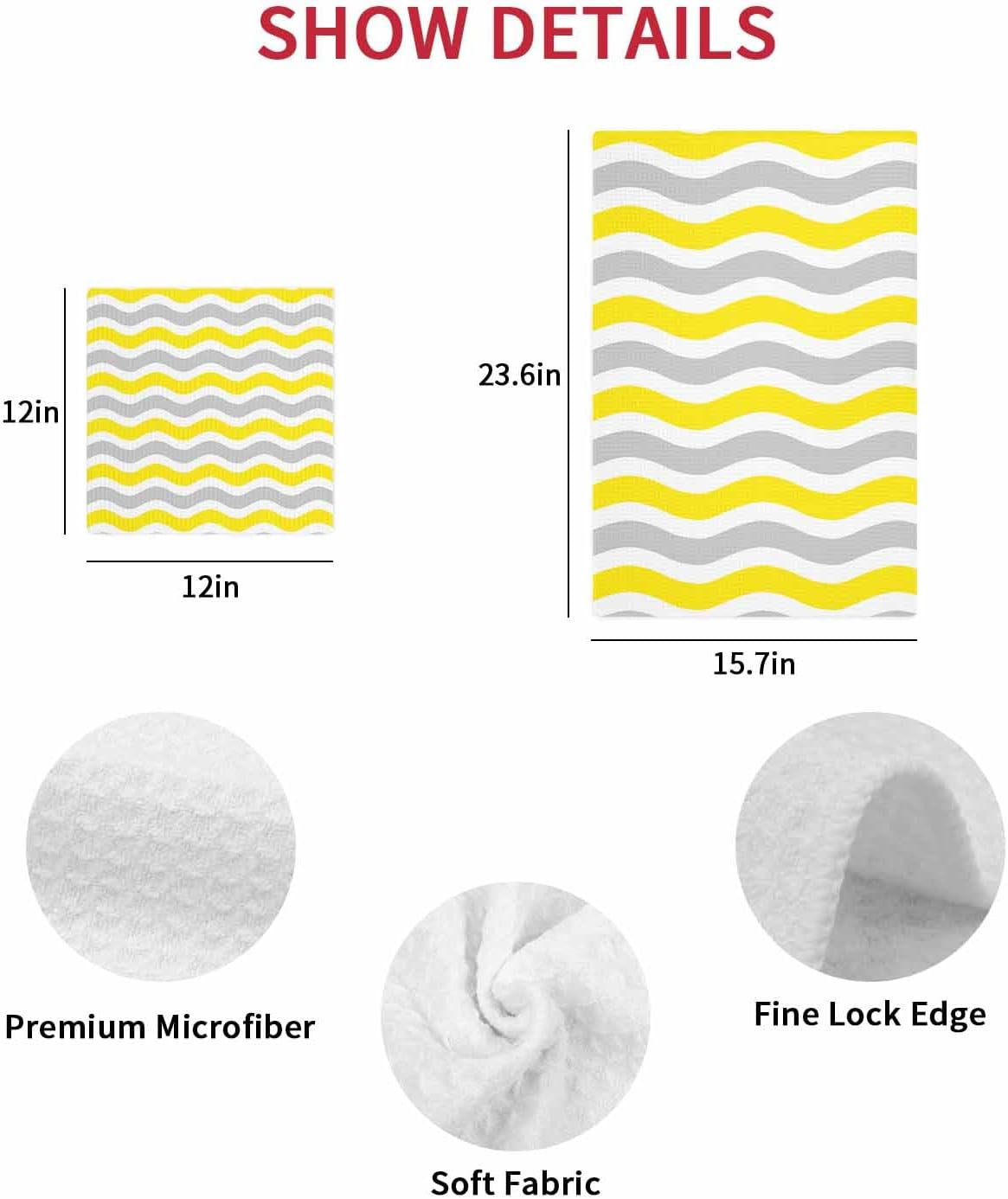 Yellow Grey White Hand Towels Set,Waffle Weave Kitchen Towels 2 Pieces,Abstract Geometric Ocean Wave Stripe Microfiber Hair Face Bath Tea Towel Absorbent Quick Drying Cleaning Dish Cloths,15.7"x23.6"