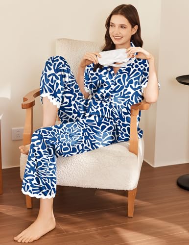 Image of Ekouaer Womens Silk Satin Pajamas Set Button Down 2 Piece Pjs Short Sleeve Long Pants Sleepwear Lounge Set, S-XXL