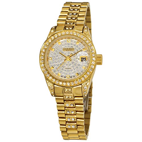 Akribos XXIV Women's Diamond Watch - Crystal Pave Dial and Bezel with Date Window On Yellow Gold Stainless Steel Bracelet - AK487