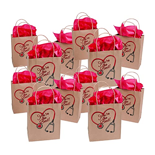 Fun Express Nurse Gift Bags Bulk 12 Pack - Medium Kraft Paper Bags for Nurses Week Gifts Healthcare Worker Appreciation | 6.5x9 inch Brown Gift Bags with Handles for Medical Staff Thank You Favors