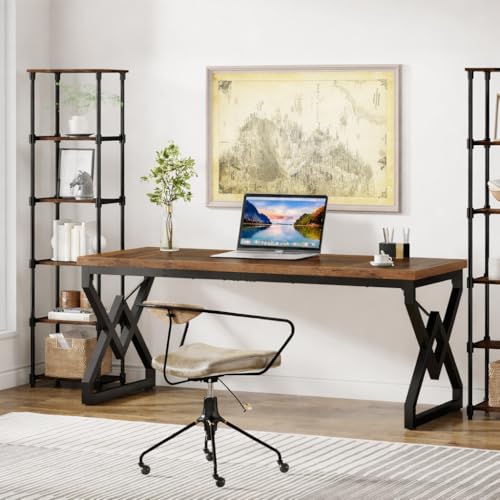 Image of Executive Computer Desk | Office Table for Home & Workstation, Wooden Study Desk | Laptop Table with Strong Metal Frame | Rustic Brown | 150x70x75cm