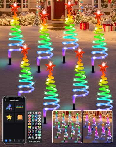 8 Pack Smart Christmas Pathway Lights Outdoor APP Control RGB DIY & Scene Modes, Connectable Spiral...