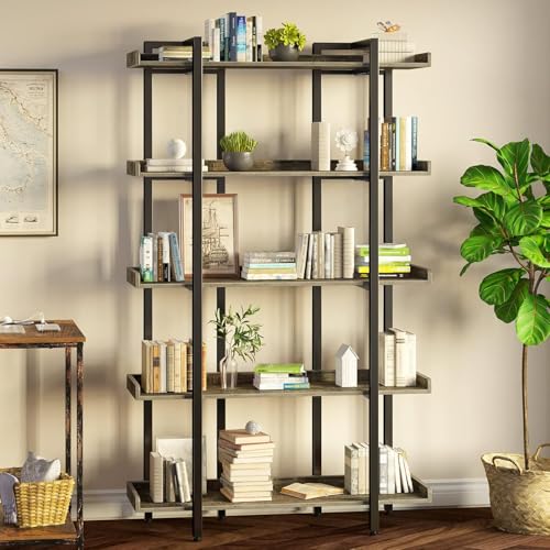 Image of Rolanstar Book Shelf 5-Tier, 68.9''H Tall Bookshelf for Home Office, Open Wood Display Shelves, Large Standing Bookcase with Metal for Living Room, Industrial Corner Bookshelf Grey