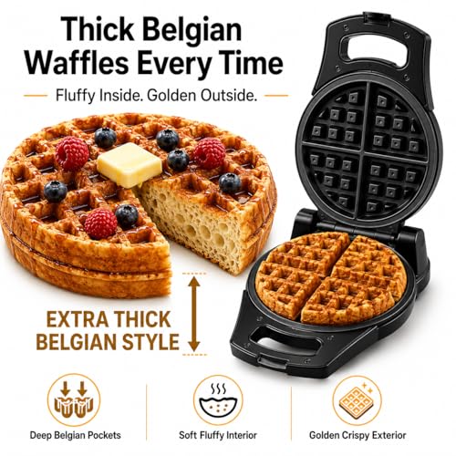 Image of Moss & Stone Belgian Waffle Maker - Rotating Flip Design, 8-Inch Electric Waffle Iron, Non-Stick Grids for Easy Release & Clean, Adjustable Temperature, Compact Upright Storage, Black