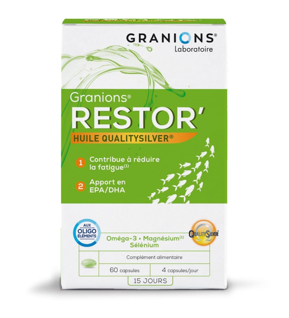 GRANIONS RESTOR' OMEGA 3 EPA DHA – Fatigue & Énergie – Omega 3 + Magnesium + Sélénium – Soutien Cerveau & Système Nerveux – Huile de Poisson Qualitysilver® – 60 Capsules