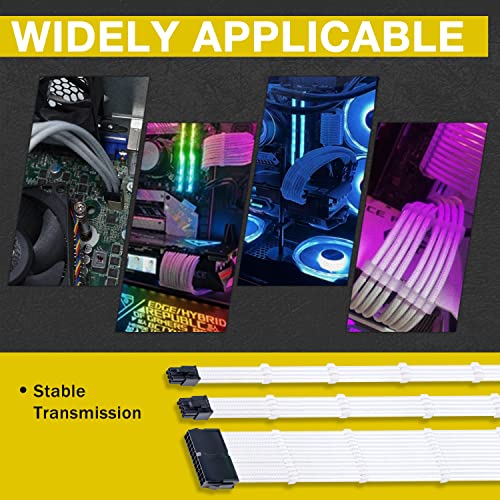 Clovertale Braided Atx Sleeved Cable Extension Kit For Power Supply Cable Kit, Psu Connectors, 24 Pin, 8 Pin, 6 Pin 4 + 4 Pin, 6 Pack, With Cable Comb 24 Pieces Set 24-Pin, 8-Pin, 6-Pin (White) #TOP4