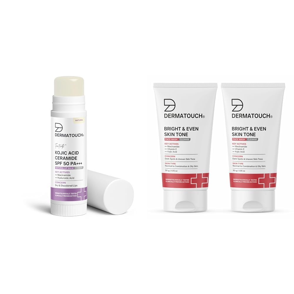 DERMATOUCH Kojic Acid Ceramide SPF 50 PA+++ Natural Lip Balm - 5g & Bright & Even Tone Face Wash with Niacinamide, Vitamin E and Kojic Acid-image-37